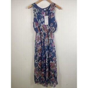 Lara G Womens Floral Silk Blend Blouson Maxi Dress Size S Blue Pink Lightweight